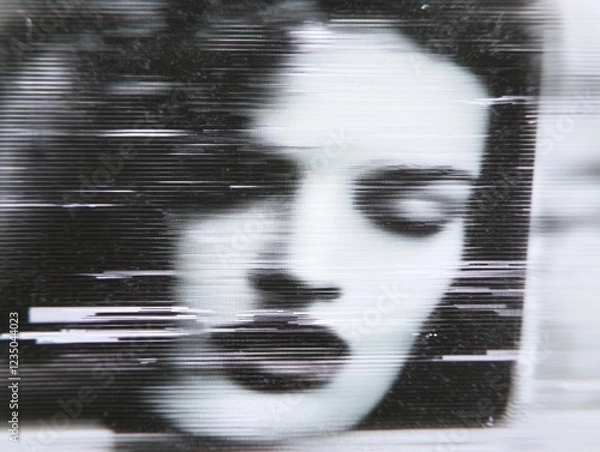 Obraz A distorted, monochrome image of a face with glitch and static effects, creating an abstract and eerie atmosphere.