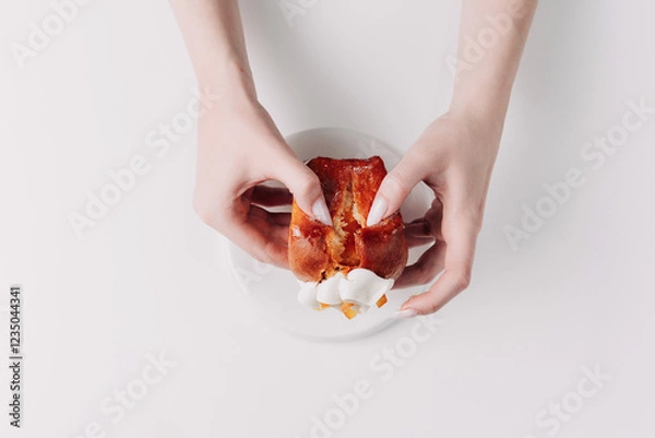 Fototapeta Woman's hands tearing, unwrapping, and crushing a pastry on a white plate against a white background