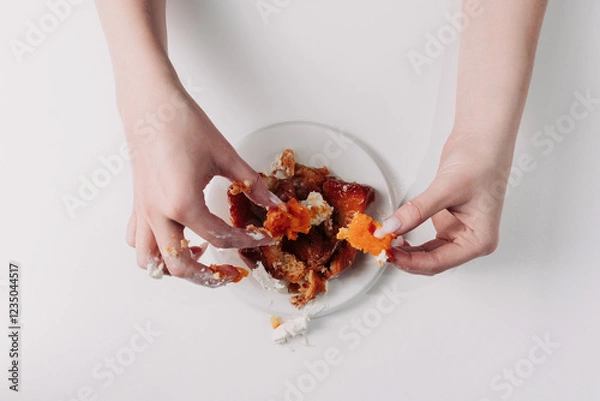 Fototapeta Woman's hands tearing, unwrapping, and crushing a pastry on a white plate against a white background