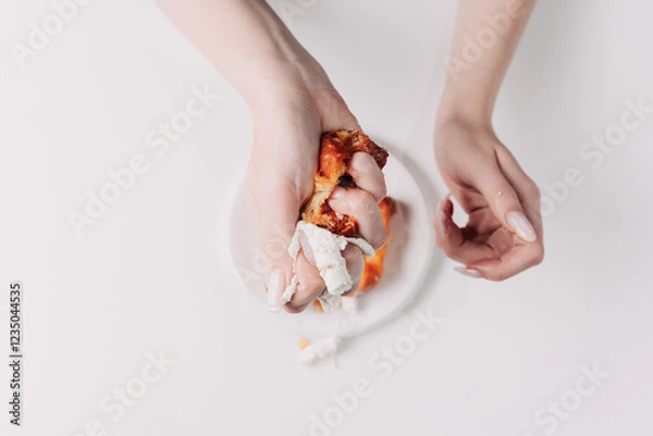 Fototapeta Woman's hands tearing, unwrapping, and crushing a pastry on a white plate against a white background
