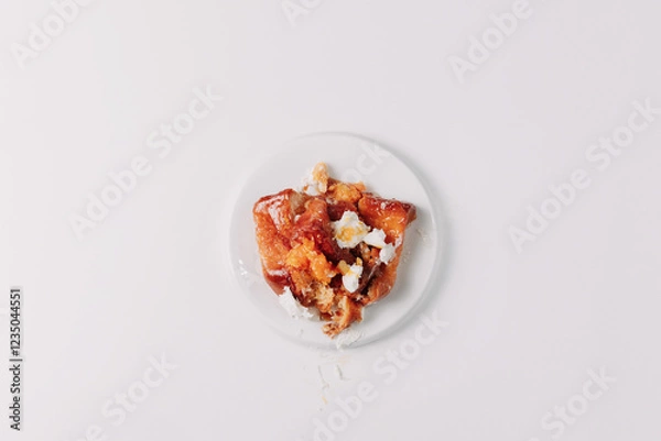 Fototapeta Woman's hands tearing, unwrapping, and crushing a pastry on a white plate against a white background