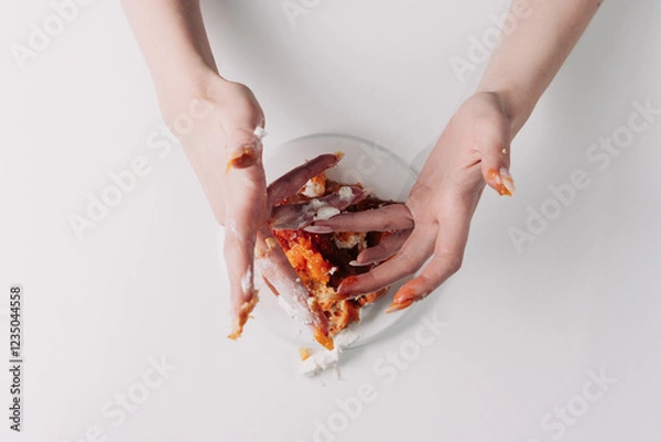 Fototapeta Woman's hands tearing, unwrapping, and crushing a pastry on a white plate against a white background