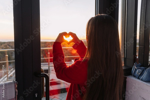 Fototapeta Woman in a red blazer holding hands in a heart shape with sunlight shining through