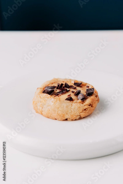 Fototapeta Round cookie with chocolate crumbs on a white plate against a white background