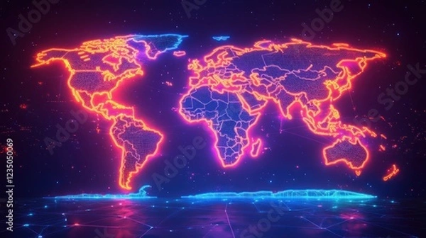 Fototapeta Glowing World Map, Network, Digital, Global, Connections, Abstract, Background, Technology, Presentation