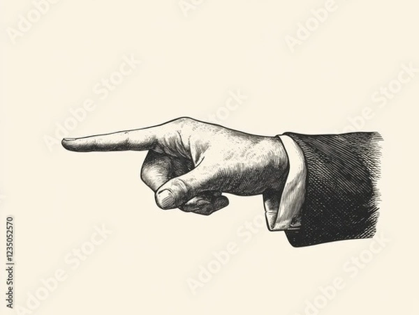 Obraz An illustration of a hand pointing to the left, with detailed shading. The hand is wearing a formal suit sleeve, set against a plain background.