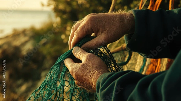Fototapeta Hands skillfully mending a fishing net during sunset by the seaside