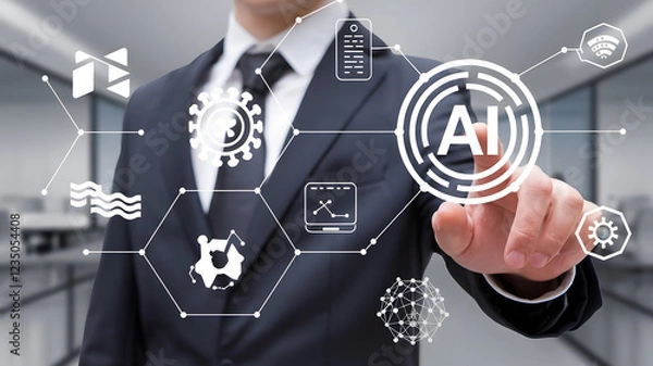 Fototapeta Businessman's hand pressing a virtual button on a digital screen, illustrating future technology and network connection
