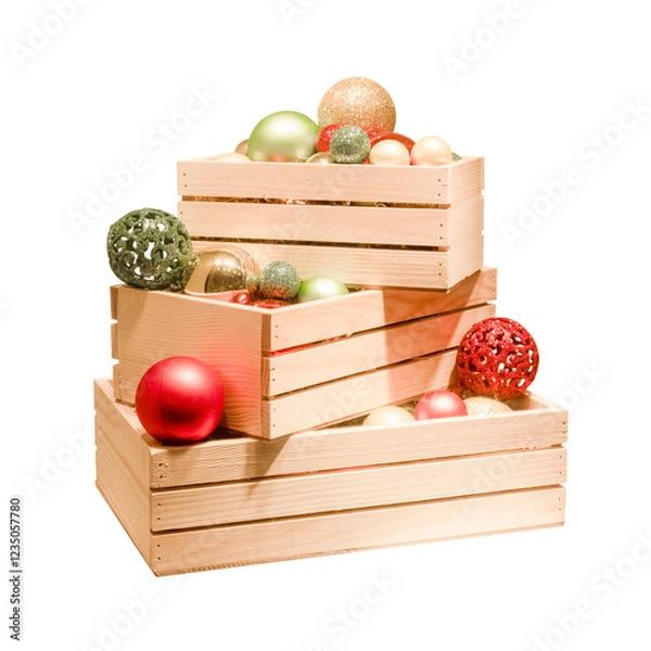 Fototapeta Christmas balls of different sizes and colors in three wooden boxes