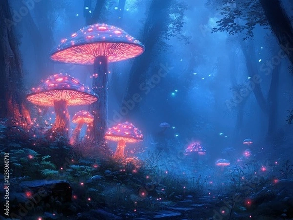 Fototapeta Mushrooms glow in a magical fantasy forest at twilight