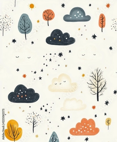 Fototapeta Illustrative pattern of clouds and trees in pastel colors