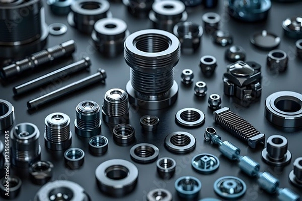 Obraz Intricate Black Steel Industrial Hardware and Components in Monochrome Minimalist Product Photography