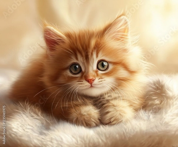 Fototapeta Cute orange kitten resting on soft blanket with big eyes