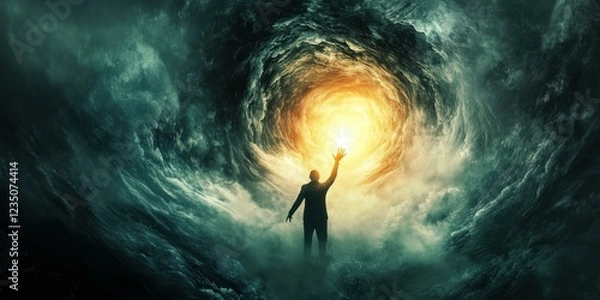 Fototapeta A dramatic scene depicting a figure reaching towards a bright light amidst turbulent waves, symbolizing hope and resilience. Suitable for motivational themes.