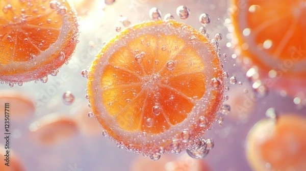 Fototapeta Sliced oranges floating in bubbly water; refreshing drink concept