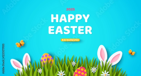 Fototapeta Banner with paper cut rabbit ears, eggs and spring grass, blue sky background, papercut craft art. Place for text. Happy Easter day sale concept, bunny field, flower camomile. Cartoon cute poster