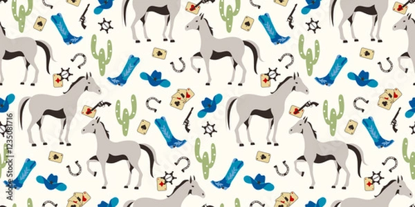 Fototapeta Cowboy wild west seamless pattern with hat, horse, boots, sheriff badge, revolver, playing cards, horseshoe and cactus. Cute hand drawing illustration for packaging, wrapping paper or textile design