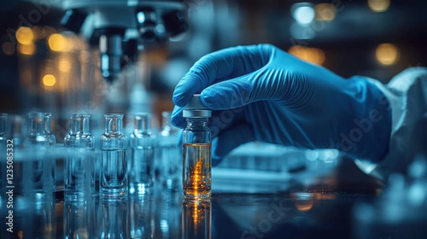 Fototapeta Close-up of a blue-gloved hand holding a liquid-filled glass vial, with various bottles on a table and a light background, capturing a medical and science concept, High resolution photography.