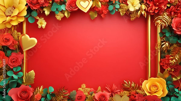 Fototapeta Red backdrop framed with vibrant flowers and gold accents for a romantic design, A beautiful, vibrant image of a red background framed by various paper flowers, leaves, and gold accents.