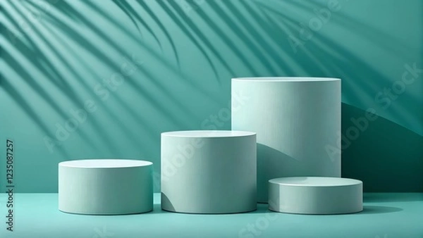 Fototapeta This is a studio-style photograph or 3D render featuring four cylindrical pedestals or podiums of varying heights arranged on a seamless teal-blue background