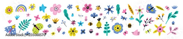 Fototapeta Collection of various flowers, plants, butterfly, bee, ladybug, dragonfly, beetly, bird, rainbow. Vector set of nature design elements different types, colors and shapes isolated white background 