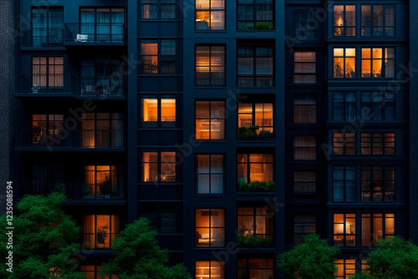 Fototapeta Modern cityscape with warm apartment lights promoting eco-friendly energy consumption, urban planning, and the balance between environmental consciousness and contemporary architecture.