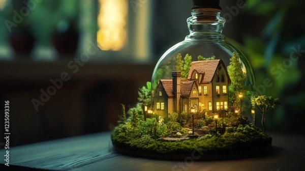 Fototapeta A charming, miniature cottage is enclosed within a glass dome, surrounded by lush greenery and softly glowing lights, creating a whimsical, fairytale atmosphere.