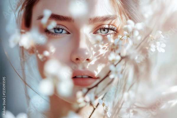 Obraz A macro photo of a caucasian model woman look with flowers, motion blur with a blurred background, a light and airy feel, natural lighting