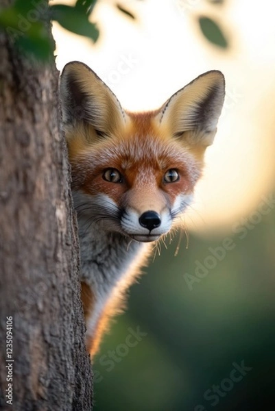 Fototapeta close-up of face as it peers from behind tree trunk illuminated by soft dappled sunlight