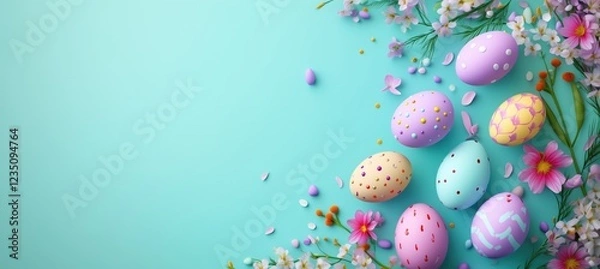 Fototapeta Pastel-colored Easter eggs with intricate designs rest among vibrant spring flowers on a mint green background with copy space. Easter and spring celebration concept.