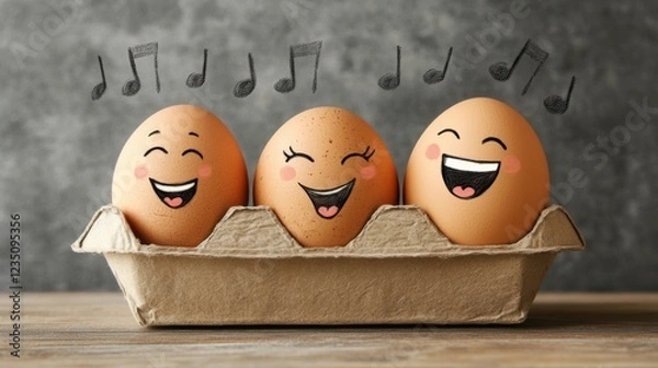 Fototapeta A playful and charming image depicting three eggs in a carton, each with smiling faces and floating musical notes, creating a sense of joy and musical harmony.