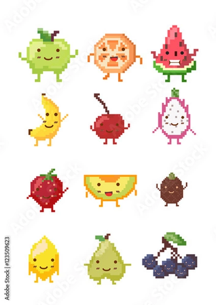 Fototapeta Set of pixel fruit characters ; vector illustration