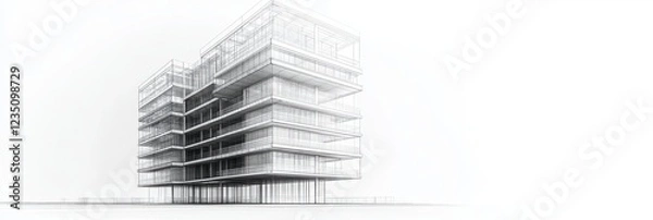 Fototapeta A modern architectural sketch of a multi-story building showcasing a minimalist design with transparent elements and unique structure.