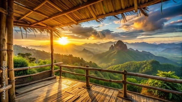 Fototapeta Sunset Mountain View from Rustic Bamboo Hut – Peaceful Nature Escape