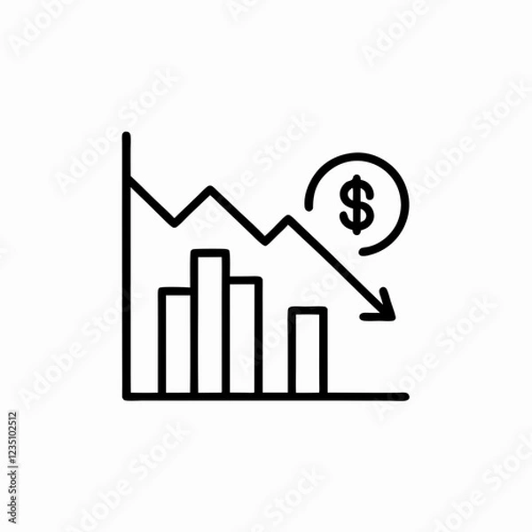 Fototapeta Financial graph showing declining trend with clear downward slope. Minimalist black and white chart emphasizes negative market performance. Concept of financial analysis, market downturn, recession.
