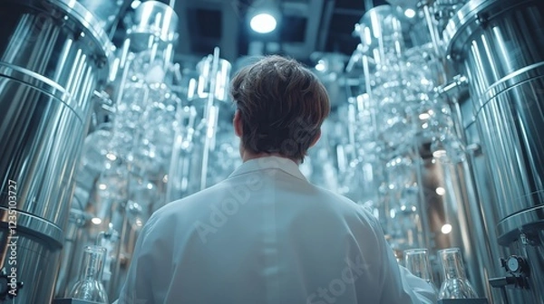 Obraz Scientist in a Laboratory with Large Steel Tanks and Glass Vials