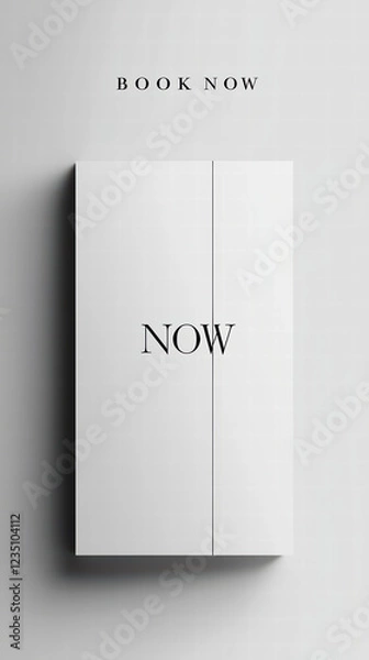 Obraz Book Cover in Minimalist Aesthetic: a pristine book cover, presenting a concise message: "Book Now", and the emphatic "NOW", epitomizing an atmosphere of modern minimalism.