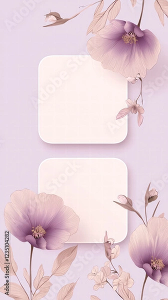 Fototapeta Floral Delight and Note: A tranquil composition of delicate purple flowers gracefully frames a pair of blank, square-shaped notes. Perfect for adding a touch of elegance to your project. 
