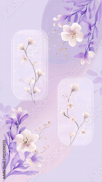 Fototapeta Floral Dream: Delicate white blossoms and lavender leaves are artfully arranged within a soft lilac and lavender background, creating a soothing.