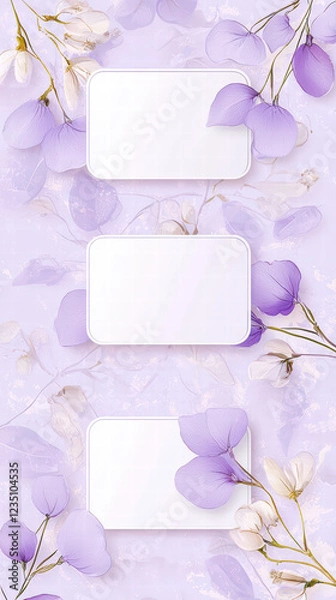 Obraz Floral Notes: Delicate floral composition with soft purple and white blooms, interspersed with clean, blank rectangles. A harmonious blend of nature and functionality.