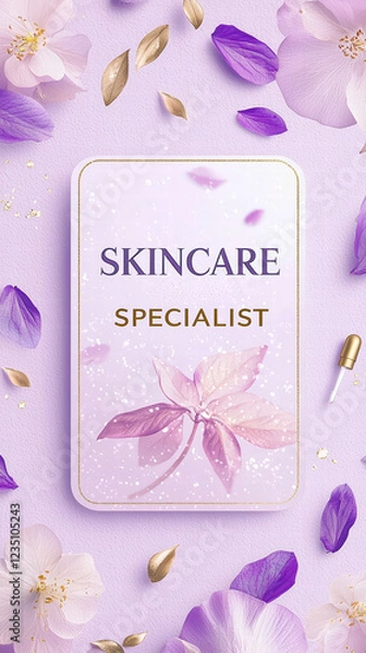 Obraz Skincare Specialist: Softly lit, an elegant display of a skincare specialist. Petals of various purple hues surround a card detailing the profession, emphasizing care and wellness.