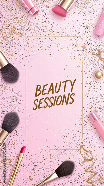 Fototapeta Beauty Sessions: A glamorous composition features an array of makeup tools arranged artistically around a central invitation with the words "Beauty Sessions", with an enticing backdrop.