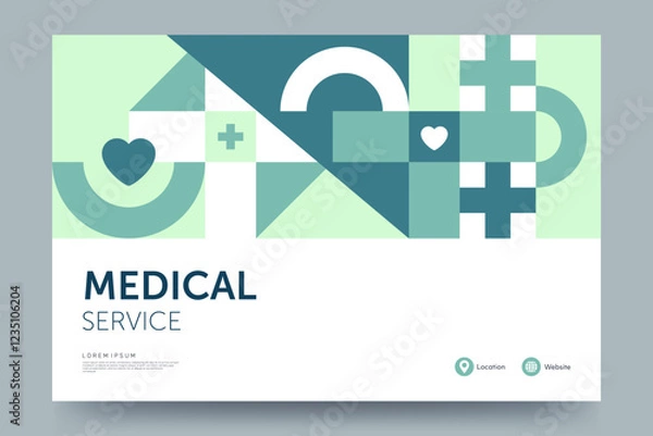 Fototapeta Medical and Healthcare banner design. Medical abstract background with geometric pattern and place for your text. Ideal for social media, poster, ad, print. Vector illustration