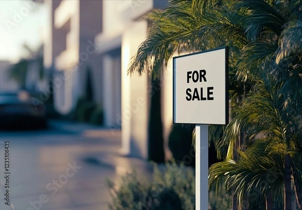 Fototapeta House for sale sign displayed in a quiet suburban neighborhood with palm trees and well-maintained lawns in late afternoon light