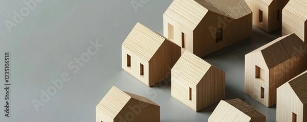 Fototapeta Real Estate Planning: Wooden Model Houses Representing Property Development, Home Design, and Investment Opportunities. minimalist surface for architectural design and inspiration