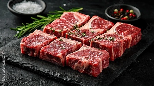 Fototapeta The T-bone beef steak is split into large fillet pieces and seasoned with salt and herbs in this dry-ag
