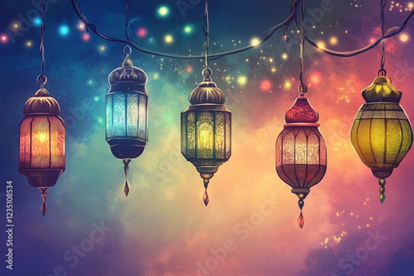 Obraz postcard with beautiful arabic colorful lamps for Ramadan. Ramadan kareem, Ramadan Mubarak, Happy Ramadan, generative AI