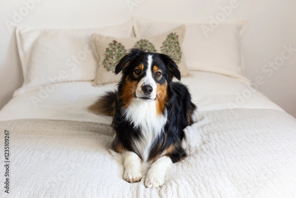 Obraz Full length horizontal view of young tricolour female Australian Shepherd lying down on bed with gentle expression