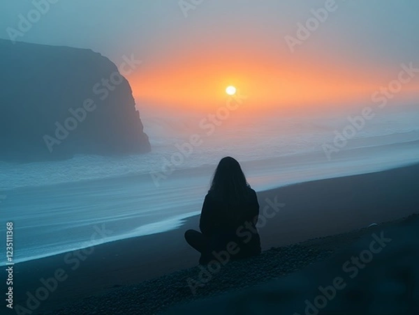 Fototapeta Watching the Sunset on a Foggy Beach With Cliffs in the Distance During a Serene Evening