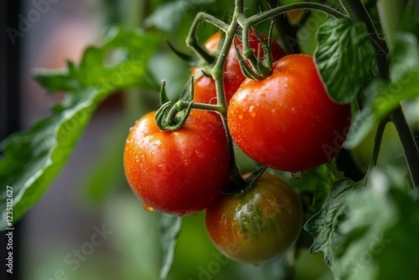 Fototapeta Three tomatoes, ripe and plump, cling to a green branch